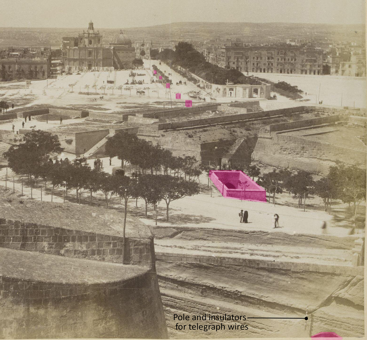A view across Floriana from the walls of Valletta with the openings and shafts used to dig the railway tunnel highlighted.