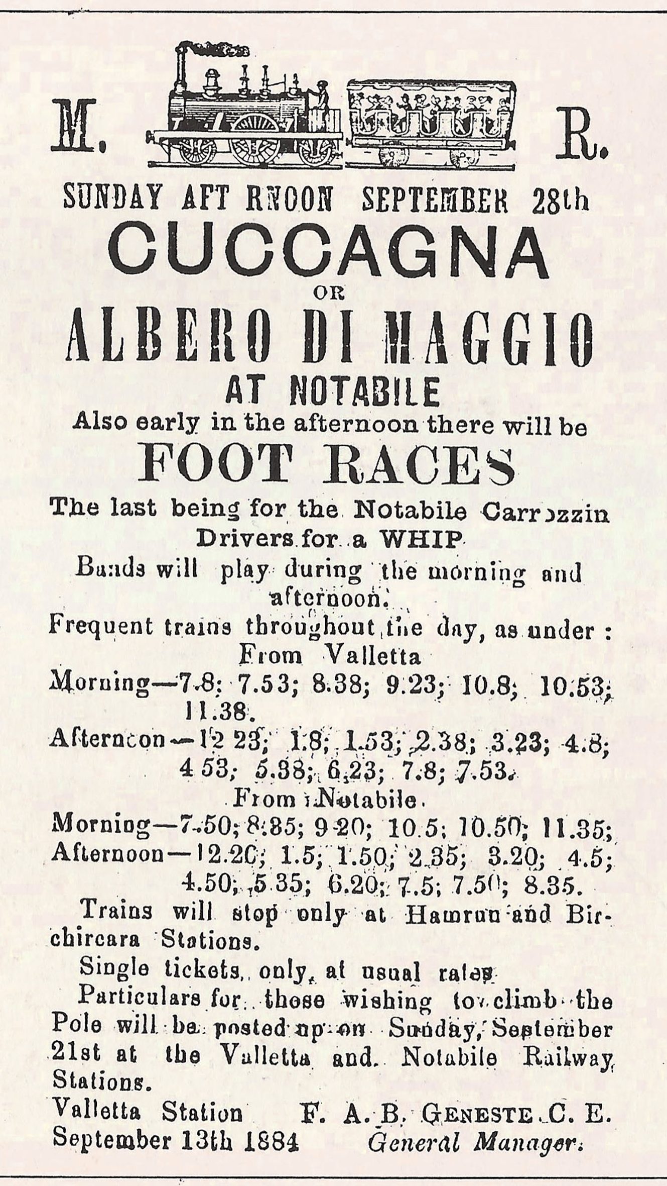 An Advert for a "Cockroach" or maypole event and races at Notabile, organised by Geneste in September 1884.