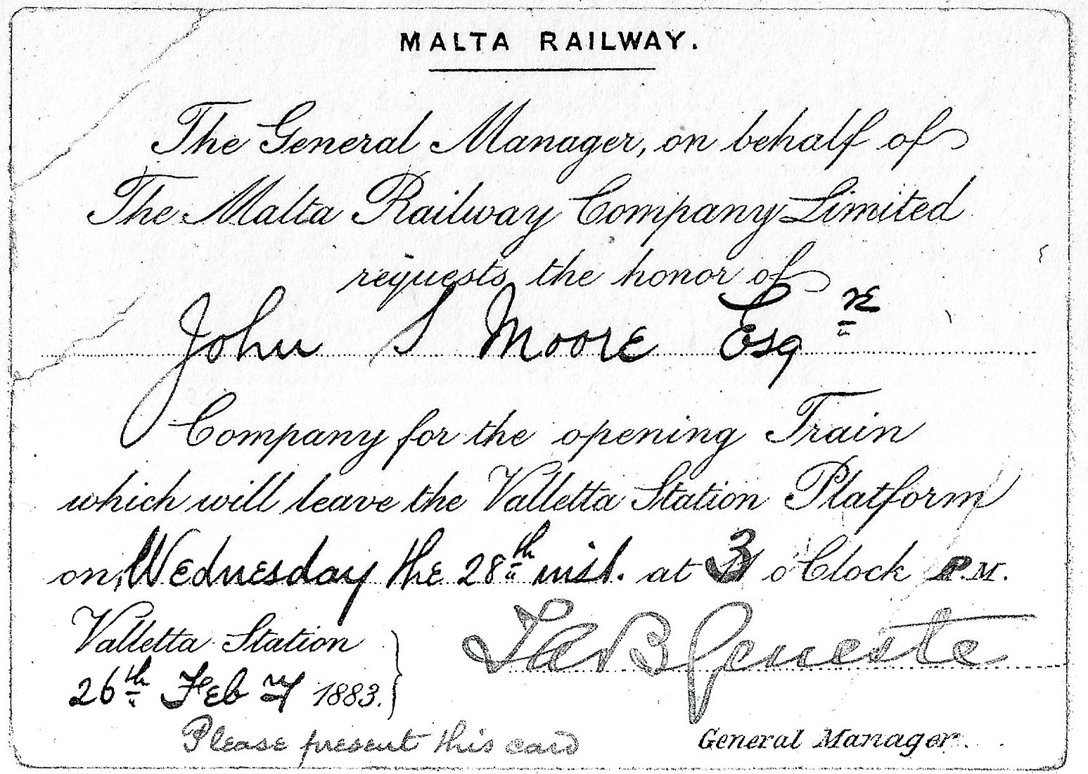 A personal invitation to join the inaugural train. The printed ticket originally carried the time of 11am, the time the Archbishop's train was scheduled, with the hand-written correction to 3pm and Frank Geneste's signature.