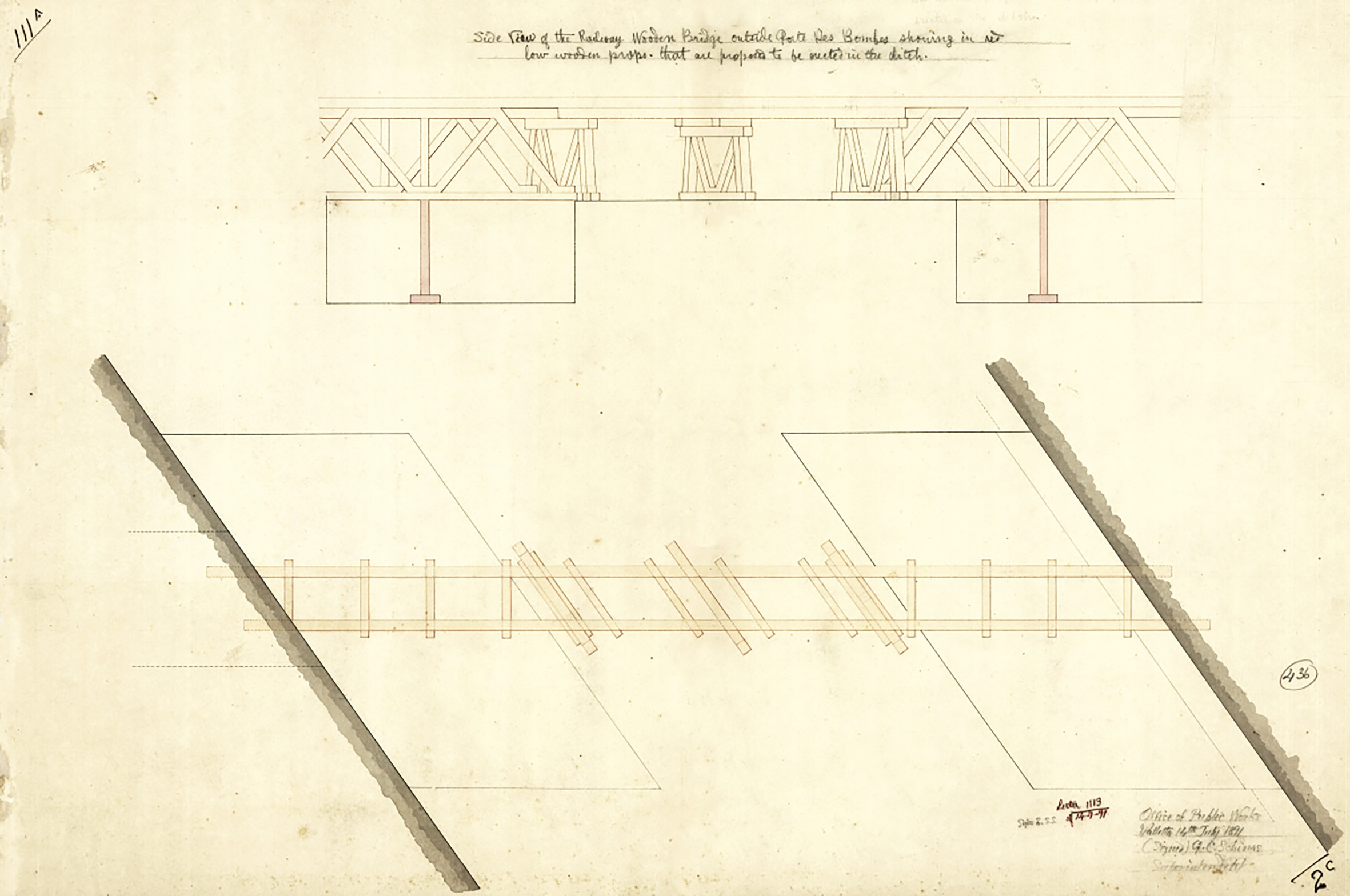 In an effort to prolong the life of the fosse bray bridge near Porte des Bombes this 1891 drawing proposed simple timber props, highlighted in pink, descending the depth of the two drop ditches. Three timber trestles support the section between trussed sections over these ditches. (National Archives of Malta Ref PDM62894)