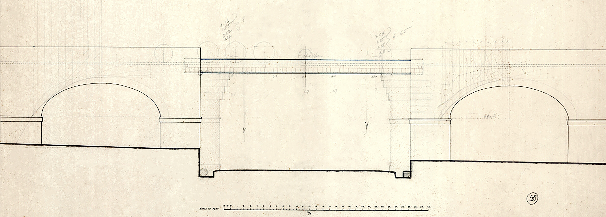 1891 drawing showing works required to sure-up Princess Melita Avenue bridge to accommodate the heavier locomotives. At track level, the unmistakable 2-6-2 wheel arrangement of the newly-ordered engine No.5 is evident. The widening of the stone bridge piers and corbeling-out to shorten the unsupported span of the girders is drawn in pencil. (National Archives of Malta ref. PDM 62985)