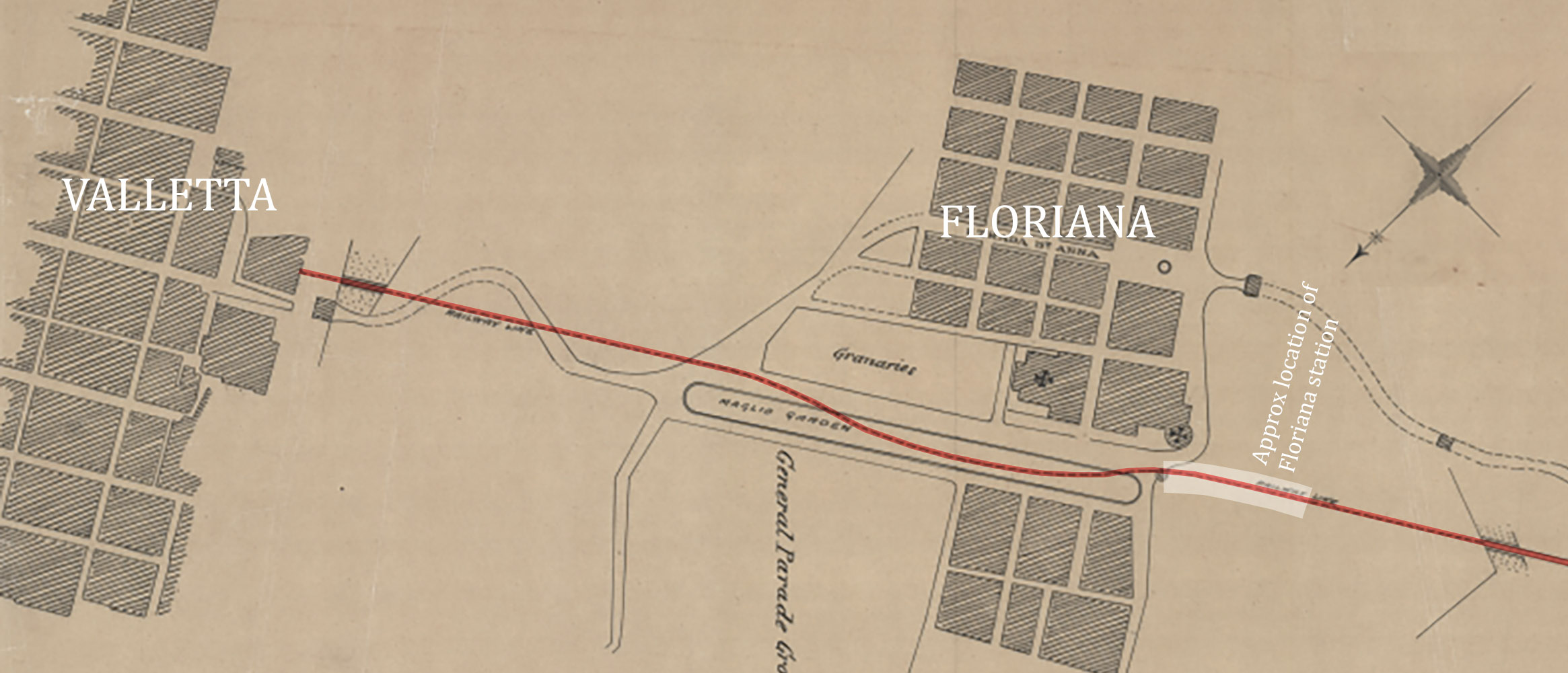 An early plan showing the deviation required by the tunnel to avoid the reservoir at St Publius. At this date it seems Floriana station was still not a consideration. Modern annotation. (National Archives of Malta Ref. PDM63022)