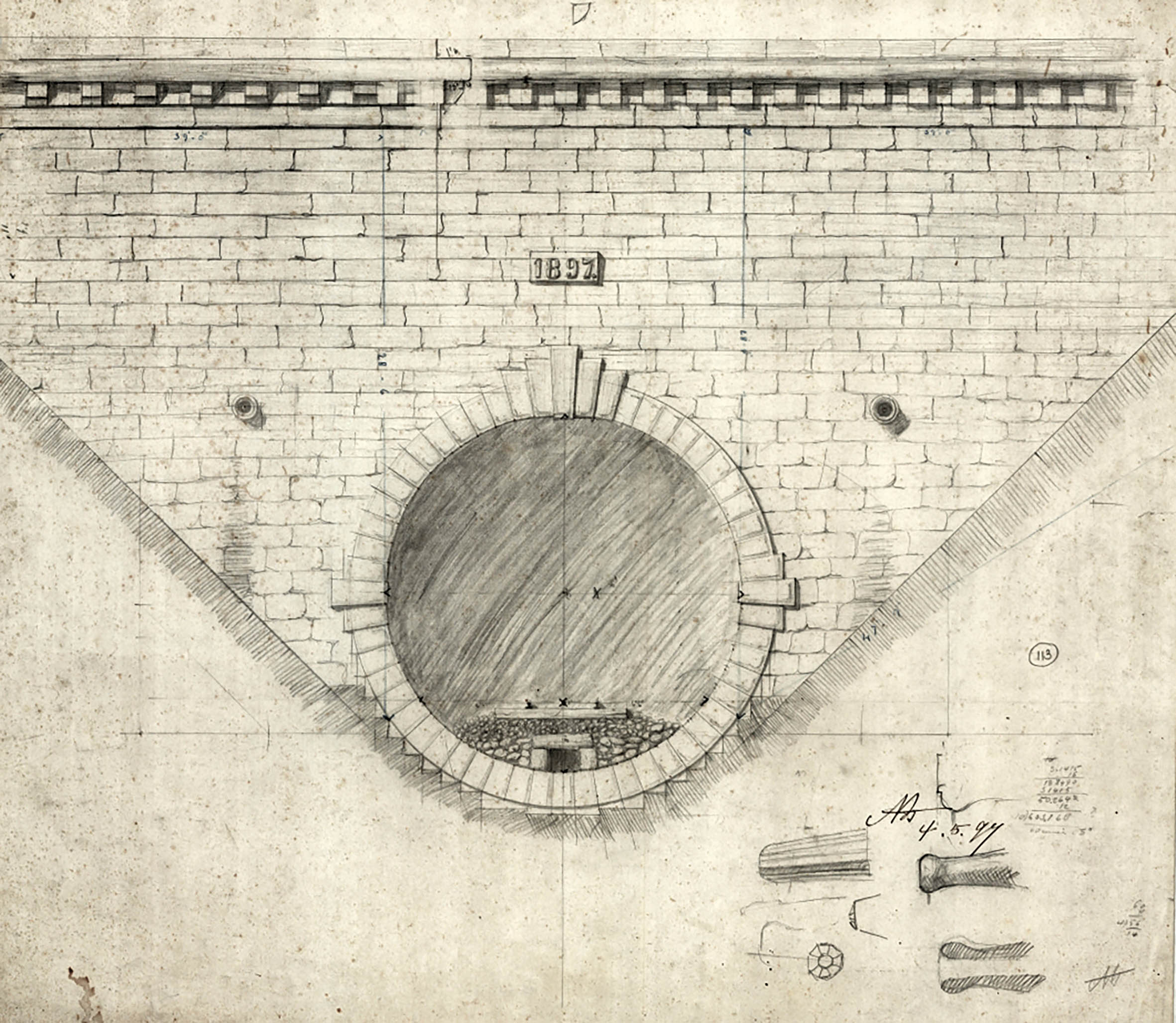 The original 1897 drawing form the western portal of the tunnel facing Museum station. The little sketch bottom-right shows the ornamental design of the drainage spouts. (National Archives of Malta Ref. PDM63307)