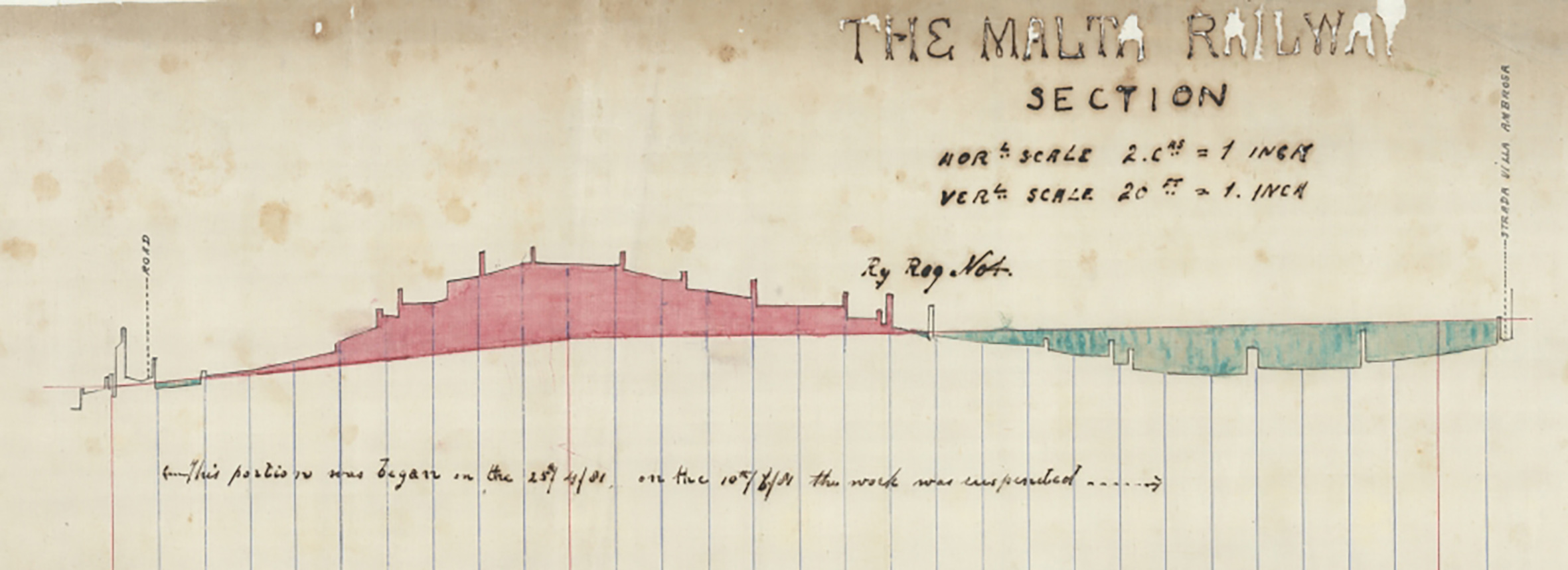 A typical section drawing of the line, here between Hamrun and Msida stations. The blue/grey portion on the right represents the embankment in the above photo. (National Archives of Malta Ref PDM 63374)