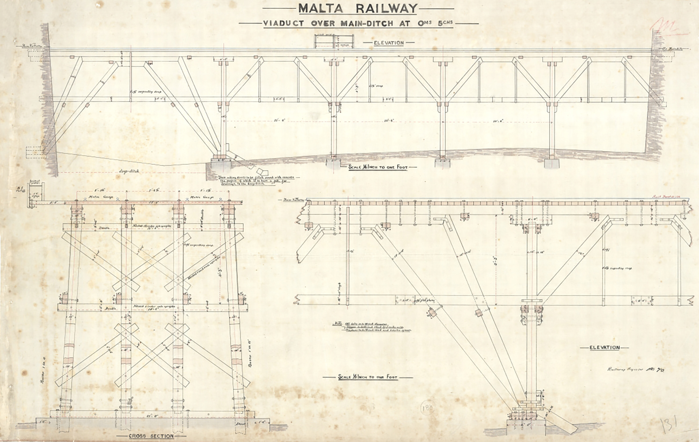 The original designs for the timber bridge across the main ditch at Valletta. The drop ditch is indicated on the left hand side of the top drawing with the different structural approach required to span it. (National Archives of Malta Ref. PDM63382)