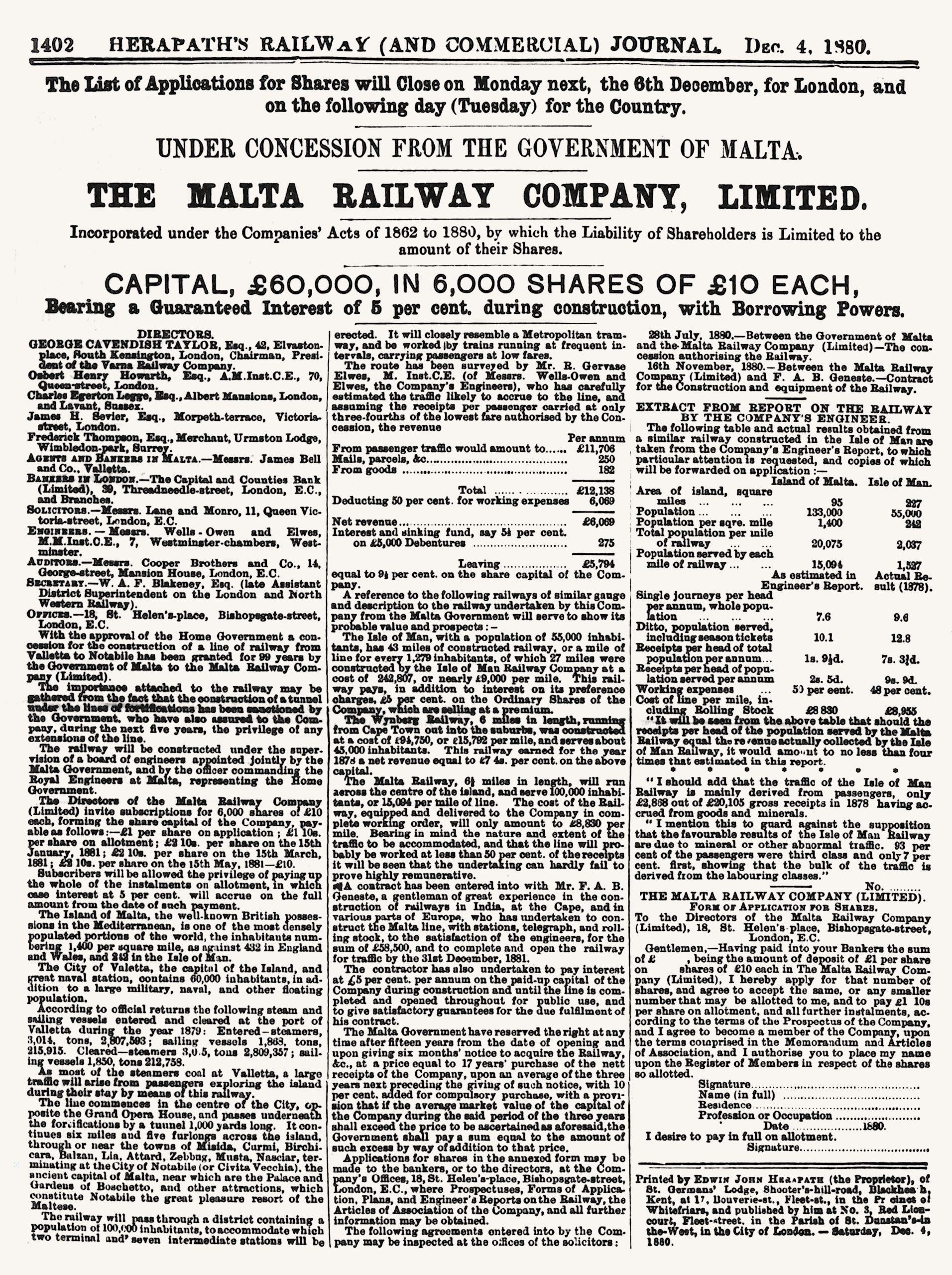 The company's prospectus was launched and well-advertised in the British press in 1880. An application form was even included for the convenience of would-be investors  in this announcement in Herapath's Railway Journal.
