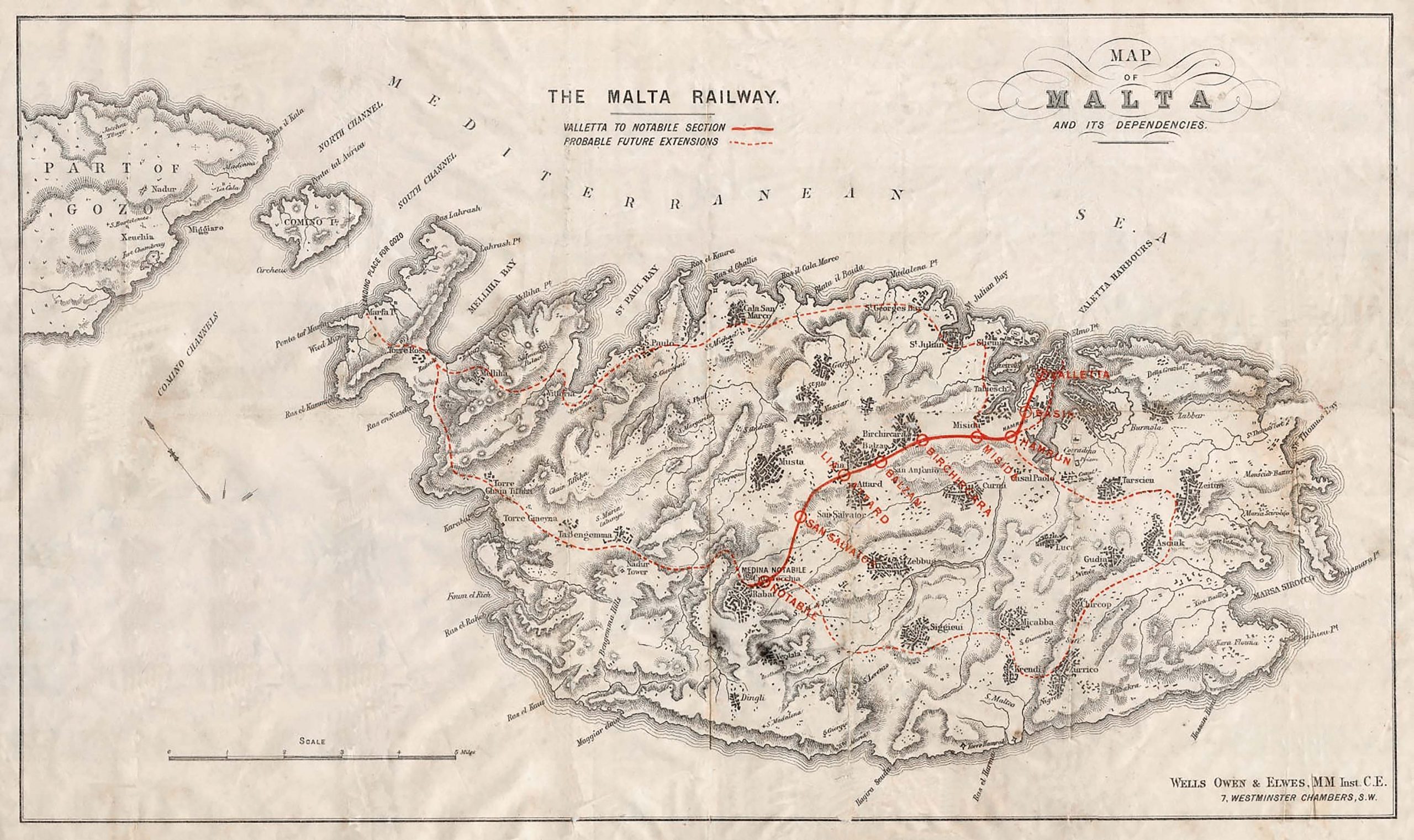 Wells Owen & Elwes published plan of the final intended route to Notabile, with an optimistic set of proposed extensions across the island. Even at this stage, the alignment between Attard and Notabile would need further amendment, ultimately  bringing San Salvatore station further eastward. Note also the proposed "Basin" station close to Porte des Bombes rather than the eventual site of Floriana.