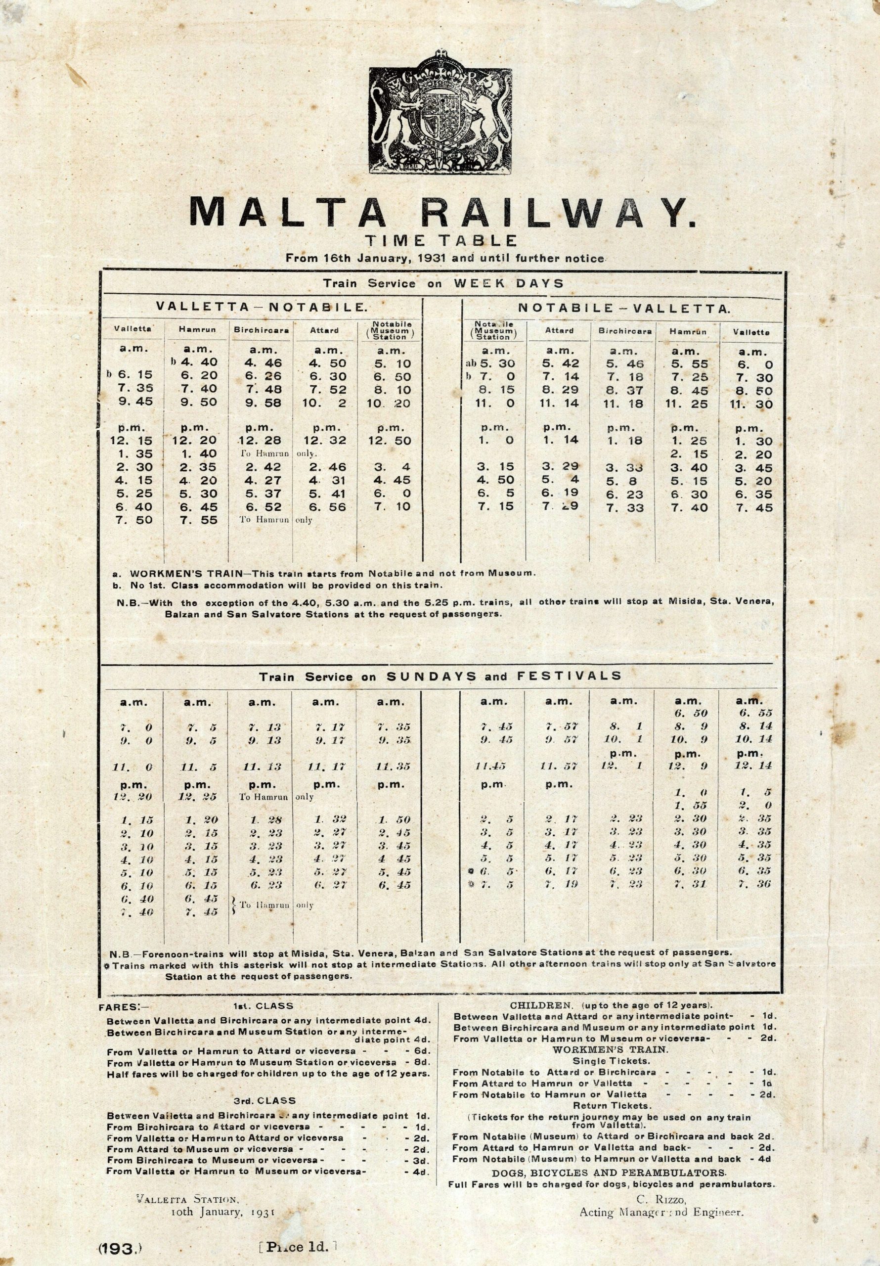 The Malta Railway's last published timetable. It would serve for just two months before the final public train ran on 31st March 1931: the 7:50 return to Hamrun yard from Valletta.