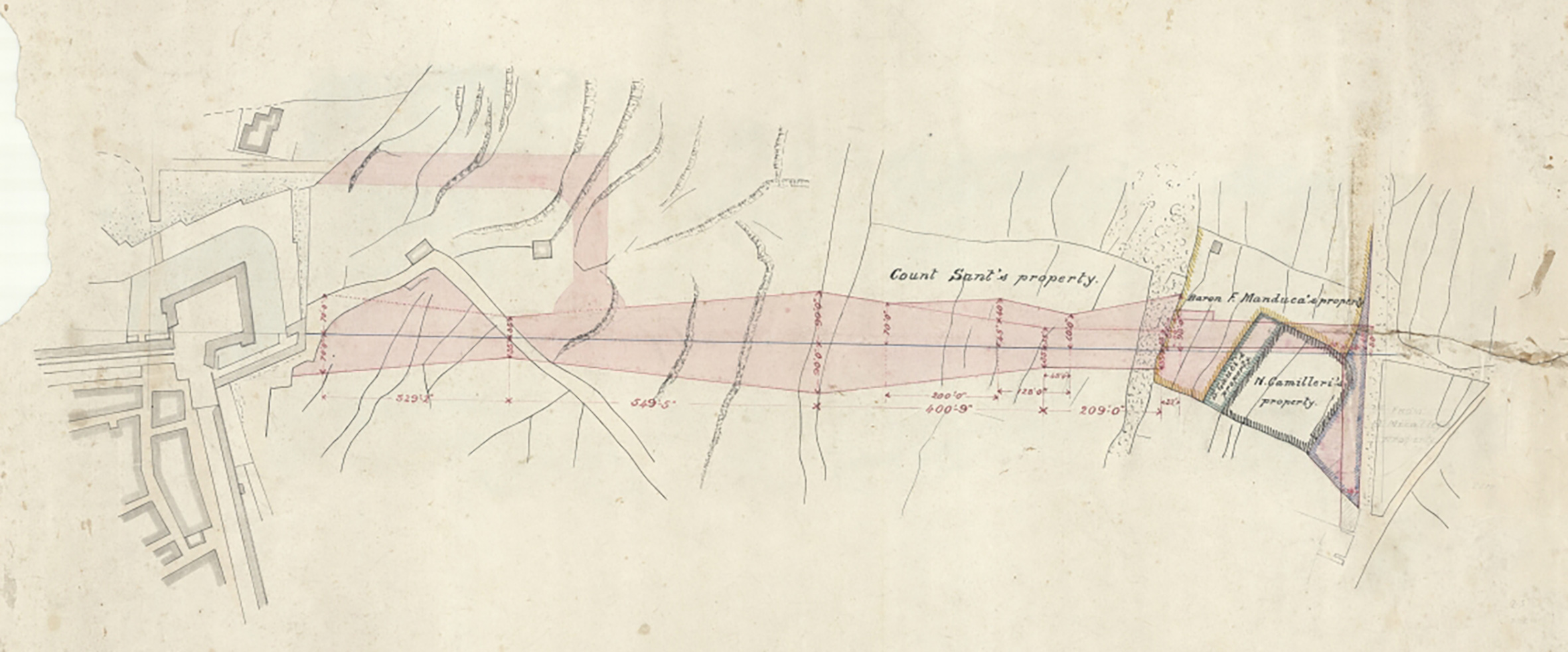 An 1890s plan of the Gheriexem Valley, showing in pink the areas of land to be purchased to build the new station and embankment between Mdina and Mtarfa. (National Archives of Malta ref. PDM 63208)