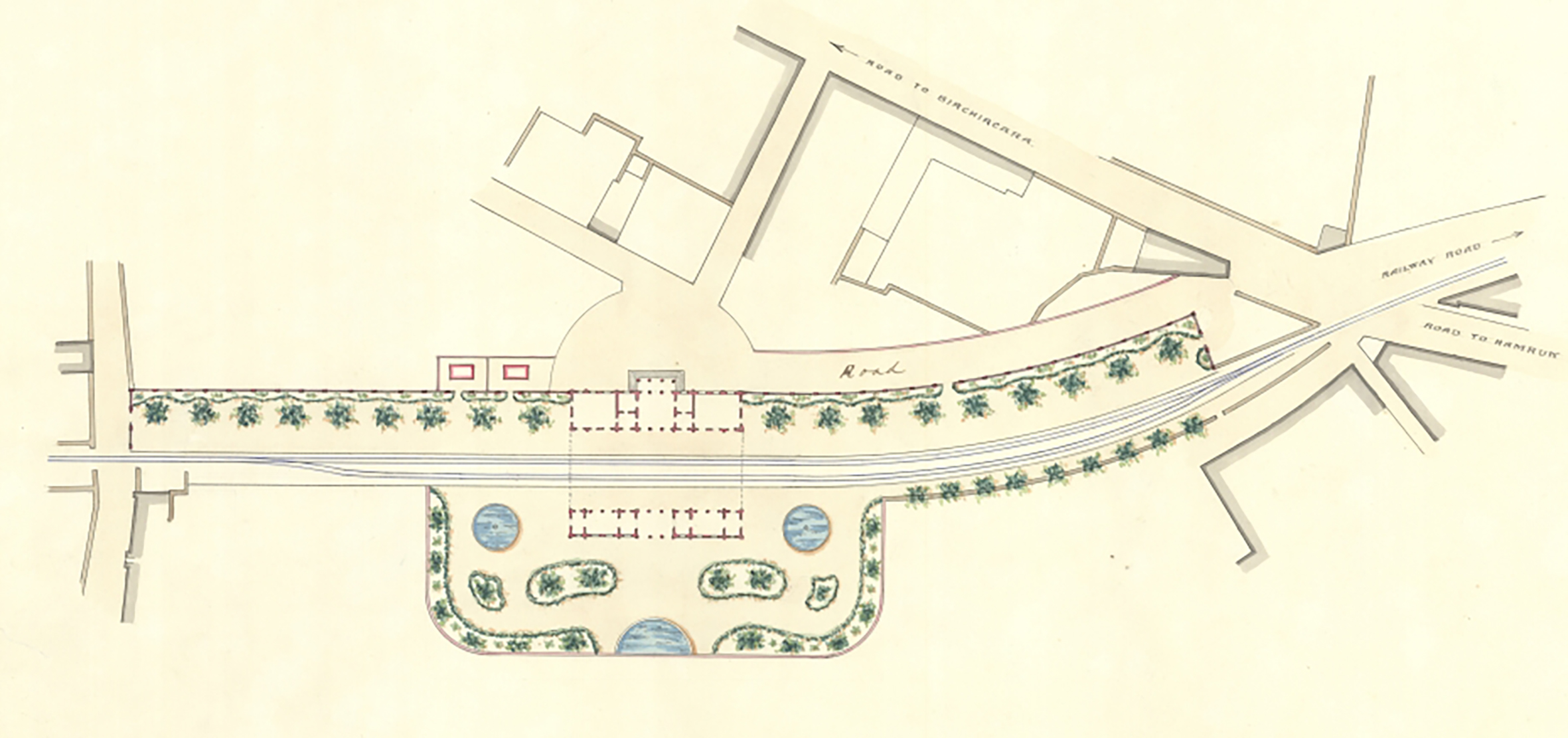 A 1904 proposal for rebuilding Birkirkara. The idea of moving the station westwards from its old site, and the integration of formal gardens were later carried through in the final plans. (National Archives of Malta Ref. PDM63212)