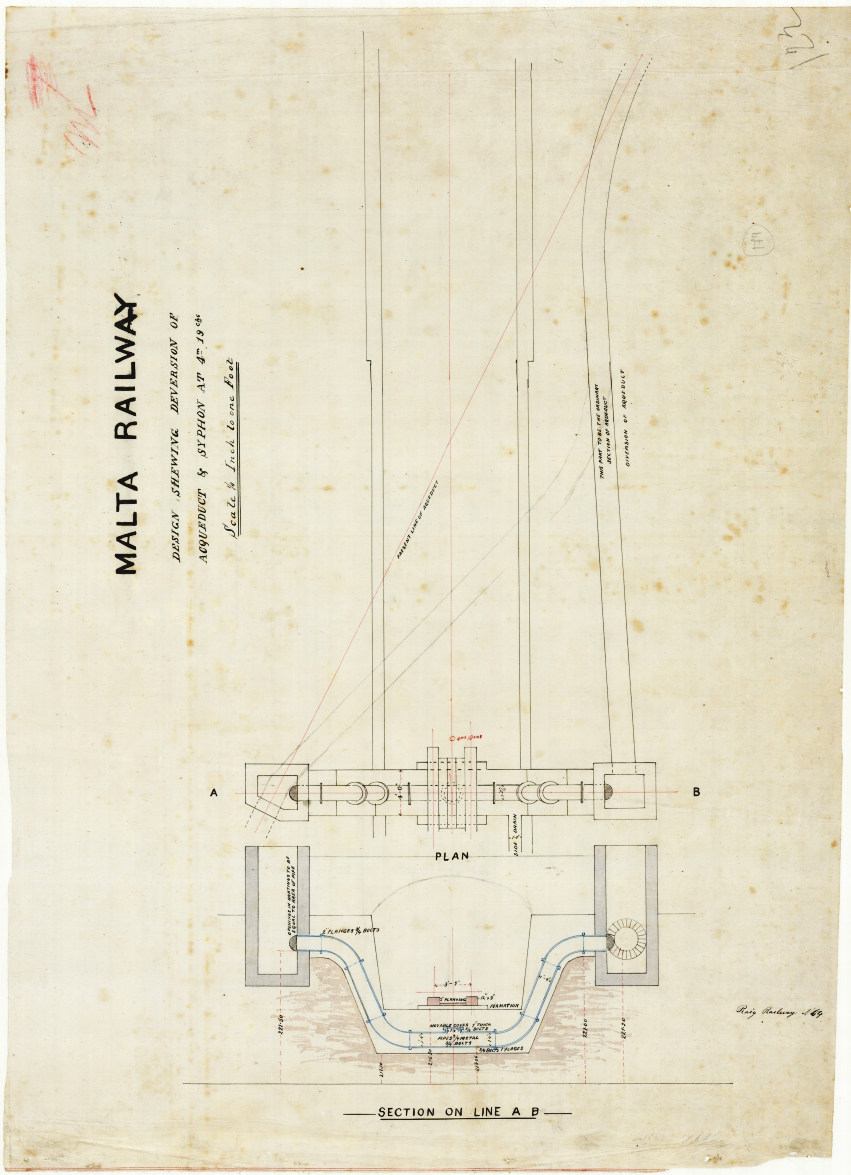 Syphonic diversion of the Wignacourt Aqueduct under the Malta Railway cutting near Attard (national Archives of Malta ref DPM63373)
