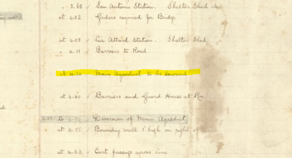 Note made in June 1882 of the work to divert the aqueduct still needing attention.