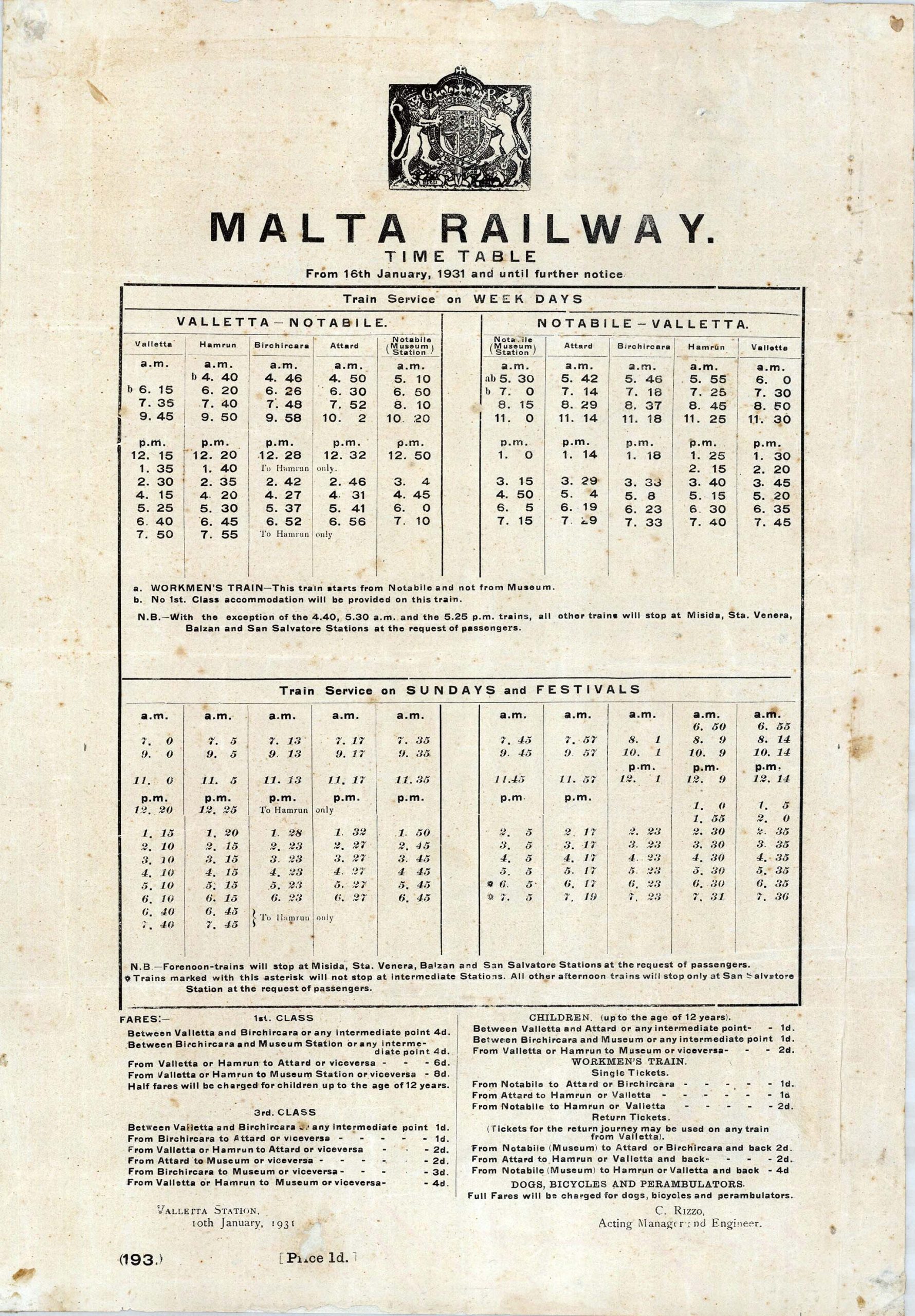 The Malta Railway's last published timetable. It would serve for just two months before the final public train ran on 31st March 1931: the 7:50 return to Hamrun yard from Valletta.