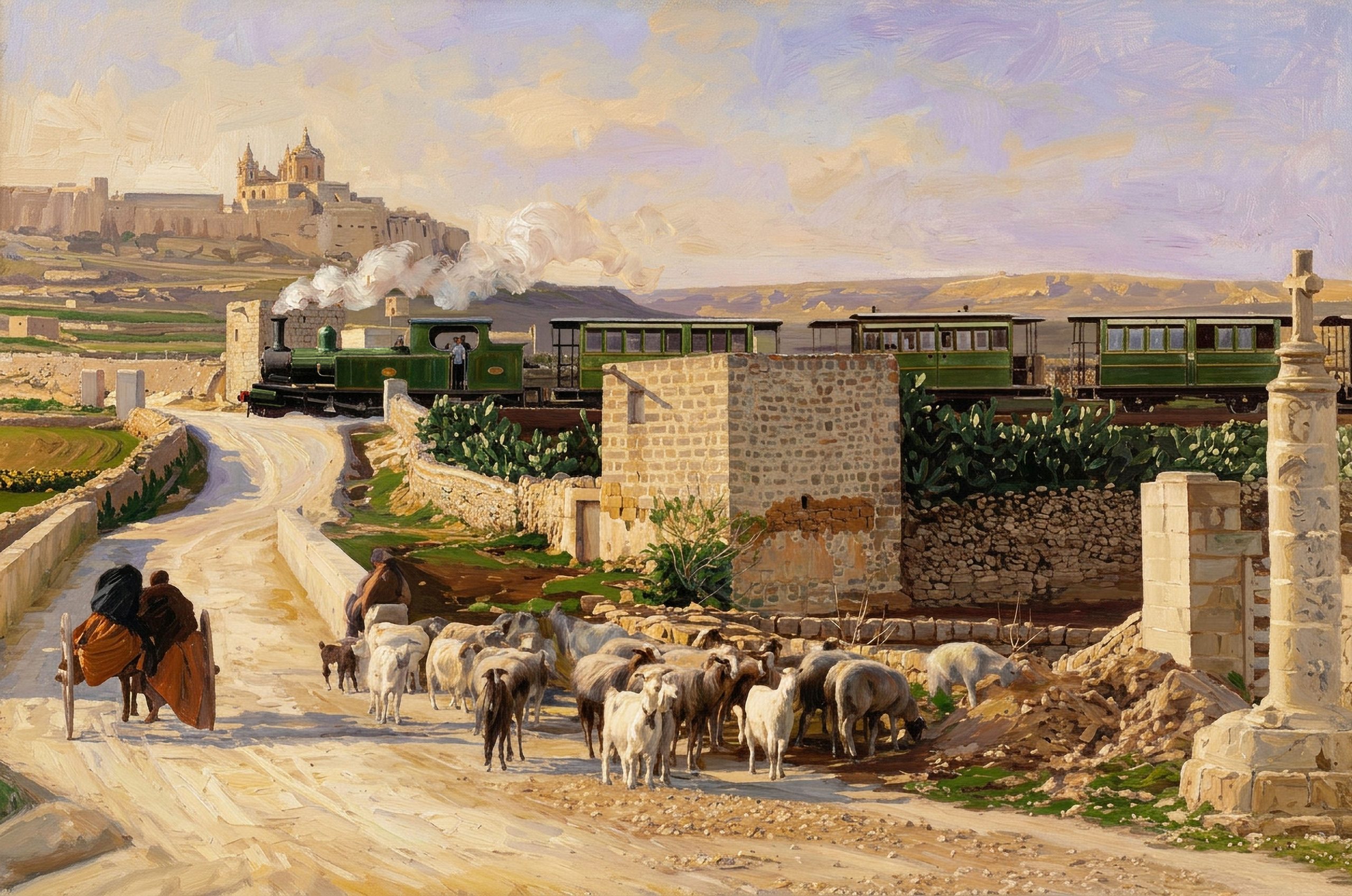 Imagined painting of the Malta Railway in a rural landscape below Mdina 