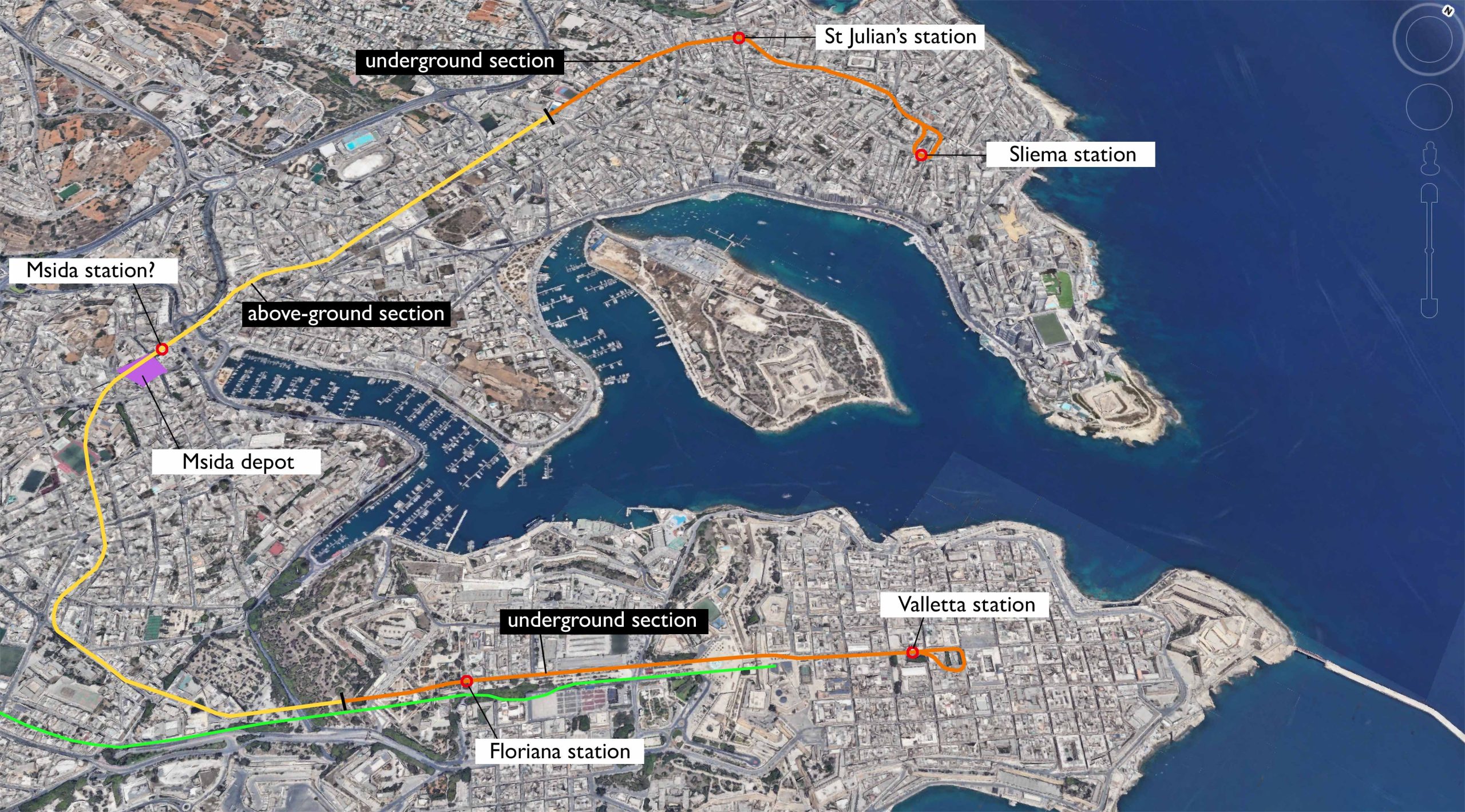 The route of the proposed Malta Electric Railway from Valletta to Sliema, with the intended stations marked. The Malta Railway is shown as a green line..